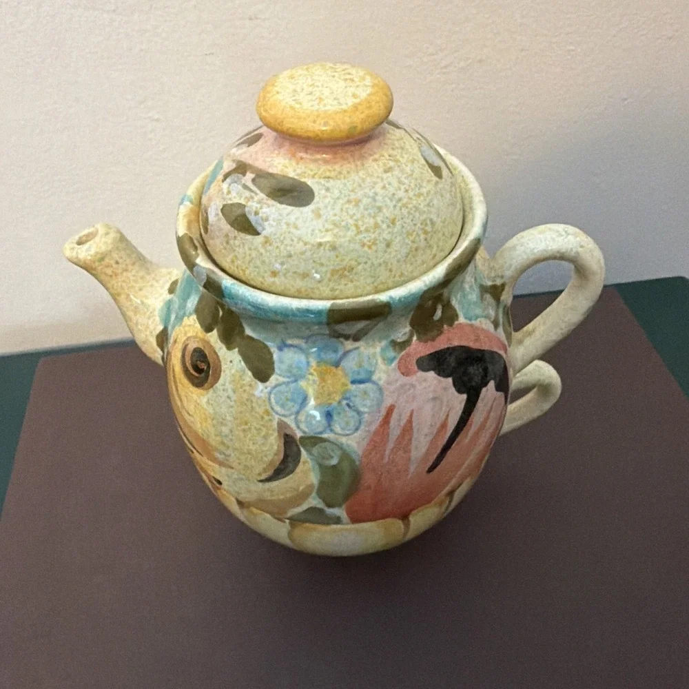 Italian Pottery Stacking Teapot & Cup Set Hand Painted cottagecore Tea for One
